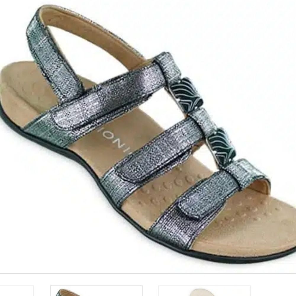 Vionic Amber Black Metallic Sandals Strappy Womens Shoes Silver Size 9